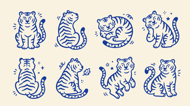 Cute Tiger Characters in Various Poses Doodle Set Hand Drawn Blue Line Art Vector Illustration