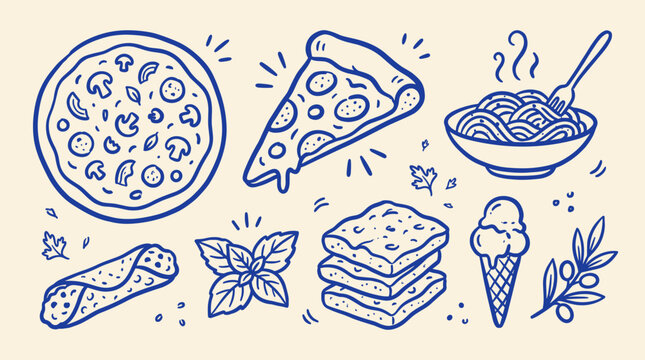 Italian Food Dishes and Ingredients Doodle Set Hand Drawn Blue Line Art Vector Illustration