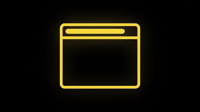 Glowing yellow browser window icon on black background, minimalist web browser interface symbol, digital internet browser outline animation