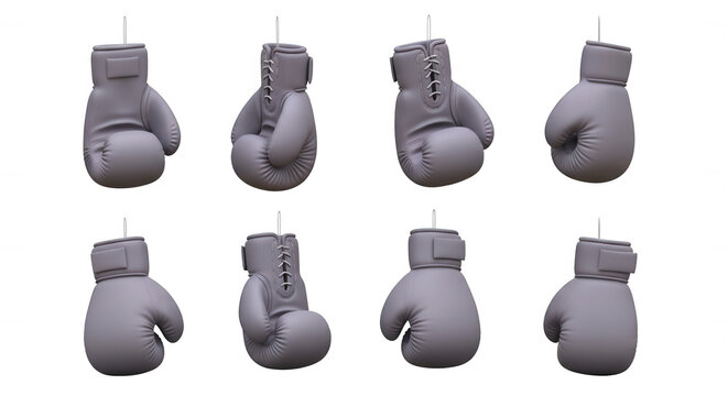 gray boxing gloves in multiple positions hanging against white background sports or fitness concepts