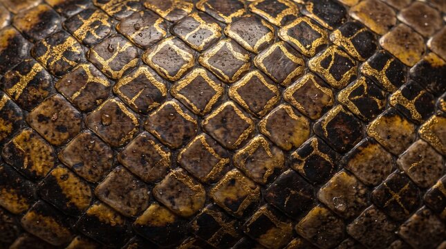 Close up of python snake skin. Detailed golden lattice pattern of reptile scales.