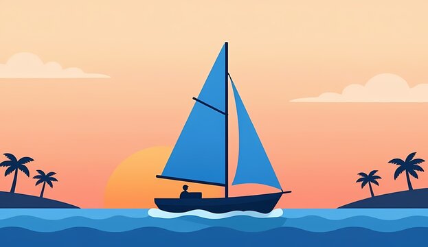 Minimalist flat vector summer beach landscape illustration with lonely blue sailboat in sea
