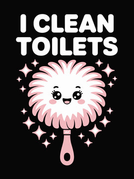 A cartoon toilet brush with a smiling face and pink bristles stands out against a black background.