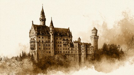 Fototapeta premium Majestic Medieval Castle on a Hill with Towers and Architectural Detailing