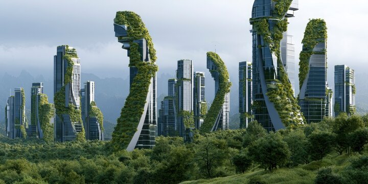 Futuristic urban cityscape with green buildings and modern skyscrapers under cloudy sky