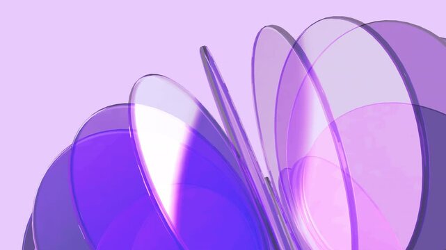 Transparent glass discs arranged in a layered radial spiral. Contemporary crystal shapes with luminous purple and pink gradients creating a seamless looping animation on transparent background