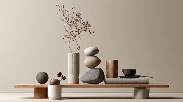 Minimalist Zen Interior Decor with Stones Plants and Wooden Elements