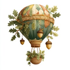 Fototapeta premium Whimsical acorn hot air balloon with autumn oak leaves