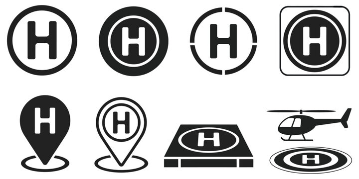 Helipad Vector Icon Collection With Helicopter Landing Pad Symbol, Aviation Safety Sign, Airport Navigation And Outline Glyph Icons.