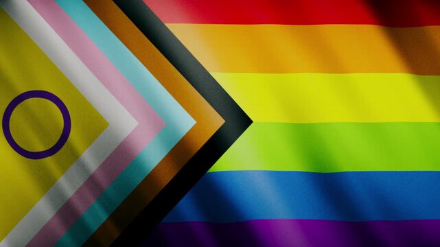 Progress Pride flag waving in a realistic 3D seamless loop, inclusive rainbow flag design with trans and intersex colors for Pride Month content