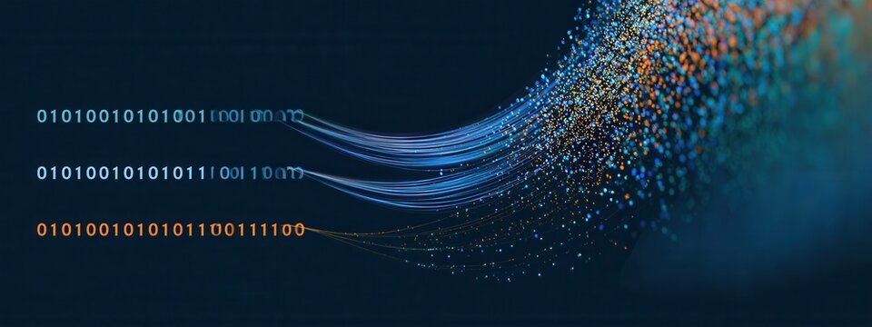 Digital representation of binary code flowing in a graphic pattern with a blue and orange color scheme