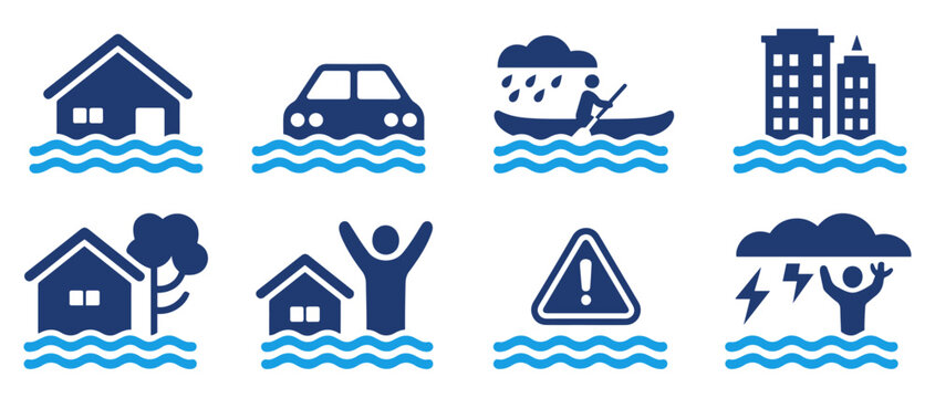 flood disaster warning icon collection set