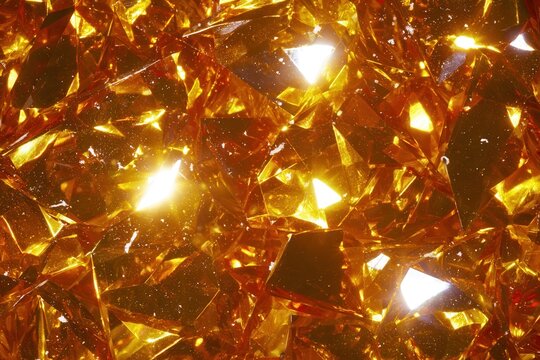 Bright orange crystals reflect light in a collection on a flat surface during daylight