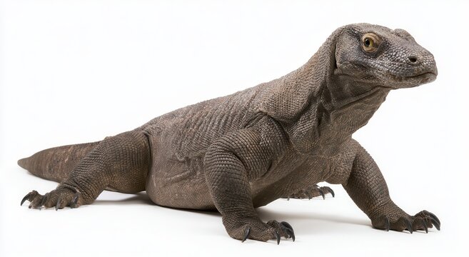 Komodo dragon resting on a flat surface in a studio setting during daylight hours