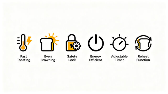 The temperature controlled toast lock power timer cycle color icon represents a multi-mode intelligent toast baking device, suitable for promoting multifunctional toasters.
