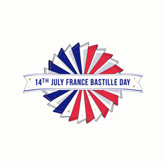 Fototapeta premium Vintage Bastille Day emblem, red white blue vector rosette badge. French 14th July national holiday award label, patriotic celebration concert program icon.