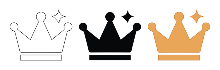 Minimalist crown icon set in outline, solid black, and gold styles. Royal tiara vector symbols for premium branding, luxury rewards, and king or queen status. © Muhammad