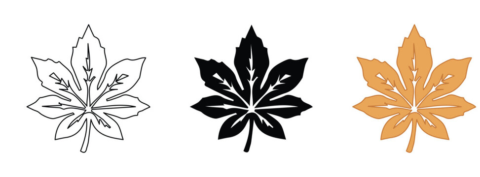 Autumn chestnut leaf vector set, minimalist botanical foliage icons in black and orange, three decorative fall leaves for seasonal branding and nature design