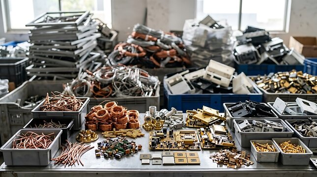 Sorted electronic waste and scrap metal at a recycling facility