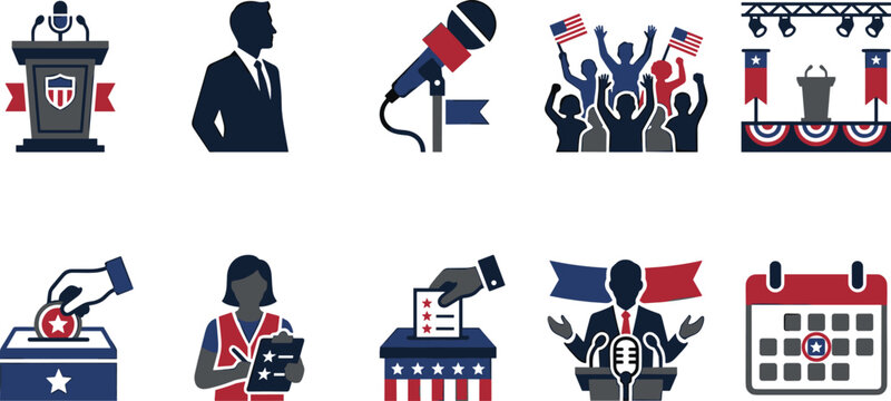 USA presidential campaign flat icon set featuring election process, political rallies, voting and candidate symbols vector illustration