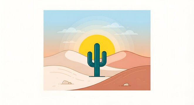 Minimalist Desert Landscape with Saguaro Cactus at Sunset