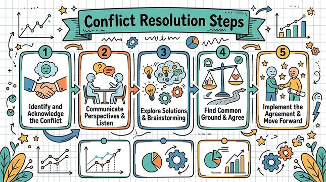Hand drawn five step process for conflict resolution infographic
