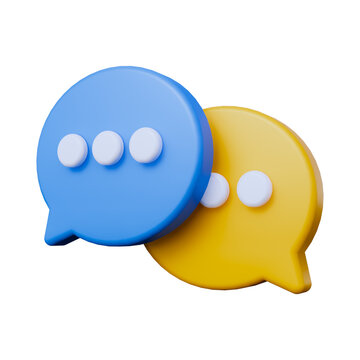 Two 3D speech bubbles in blue and yellow with dots during conversation isolated on transparent background