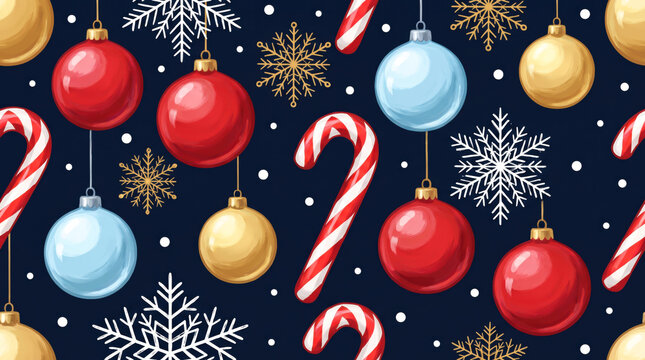 Christmas seamless pattern with baubles candy canes and snowflakes