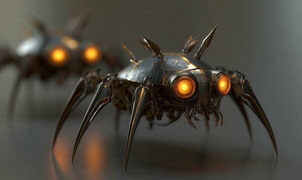 Robot insects with glowing eyes move across a metallic surface in a futuristic setting