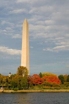 Washington Monument as seen from Tidal Basin in autumn - Washington DC United States of America