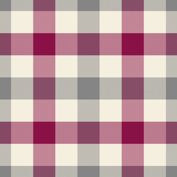 Burgundy, gray and cream gingham plaid seamless check pattern for textile, wallpaper and decorative surface design. Vector illustration.