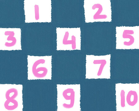 A hand-drawn set of number flashcards from one to ten in pink brush-lettering, each on a torn-paper white square set against a teal background. Ideal for preschool learning materials, classroom decor.