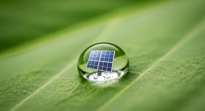 Solar panel icon reflected inside a dew drop on a green leaf