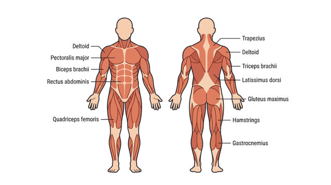 Detailed Human Muscular System Anatomy Diagram Front and Back View.