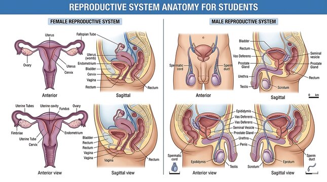 Comparative anatomy diagram of male and female reproductive systems
