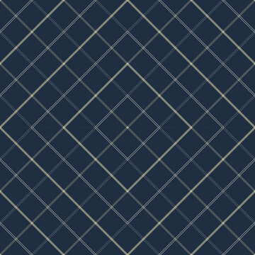 Navy blue tartan plaid seamless background with beige and white diagonal lines for textile, wallpaper and decorative surface design. Vector illustration.