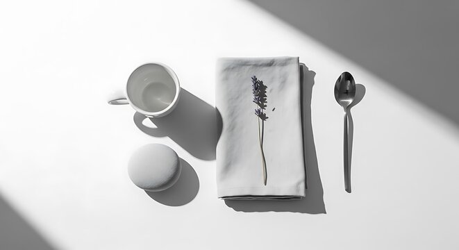 Top view of coffee cup, lavender flower, napkin, and spoon on white table