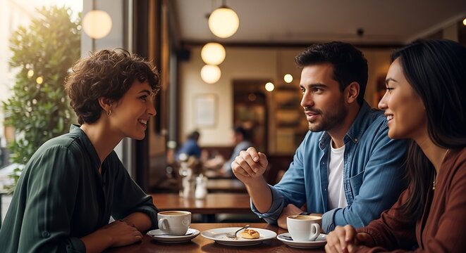 Three diverse friends chatting and drinking coffee in a modern cafe