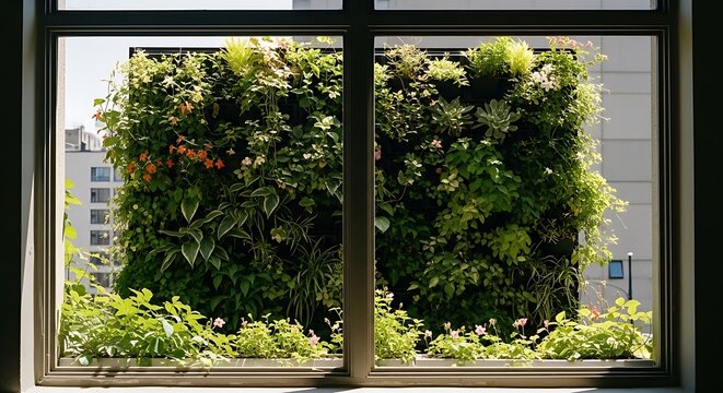 Vertical garden wall viewed through a window in a modern city office