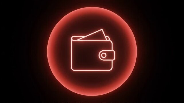 Neon red wallet icon glowing in dark circle, digital finance and electronic payment concept, luminous money purse symbol for fintech marketing