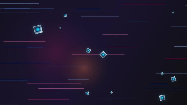 Glowing blue cubes traveling through dark digital space in this fast paced abstract motion background video