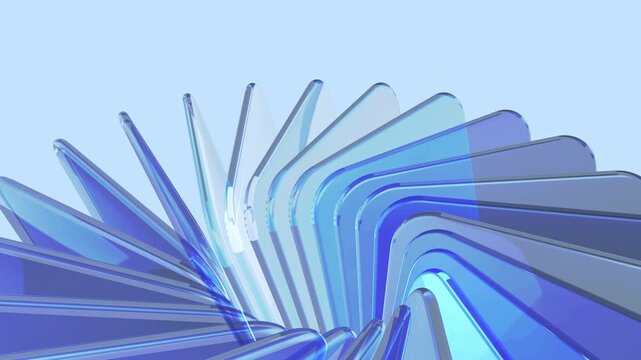 Modern translucent glass rectangles creating a seamless geometric rotation. Glossy crystal panels with vibrant blue reflections and soft transparent lighting on transparent background