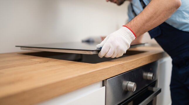 Professional technician in protective gloves installing modern induction cooktop into wooden kitchen countertop surface