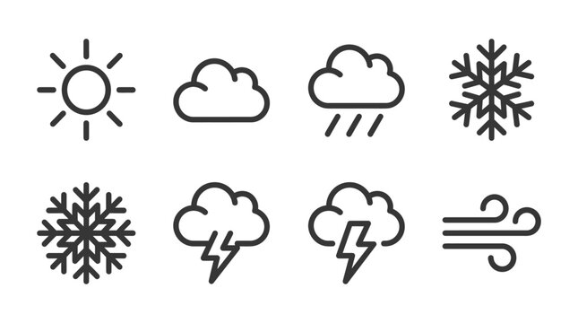 Set of minimalist weather line icons on a white background.
