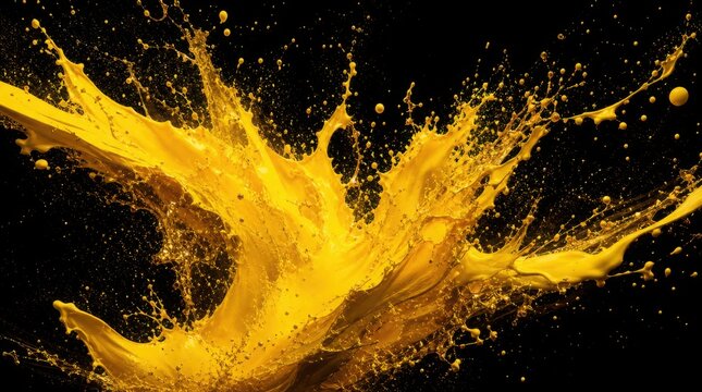 Vibrant yellow paint splashes dynamically captured against a black background, creating an energetic and artistic visual effect.