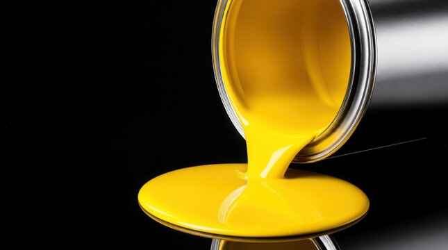 Bright yellow paint is pouring out of a metal can onto a reflective black surface.