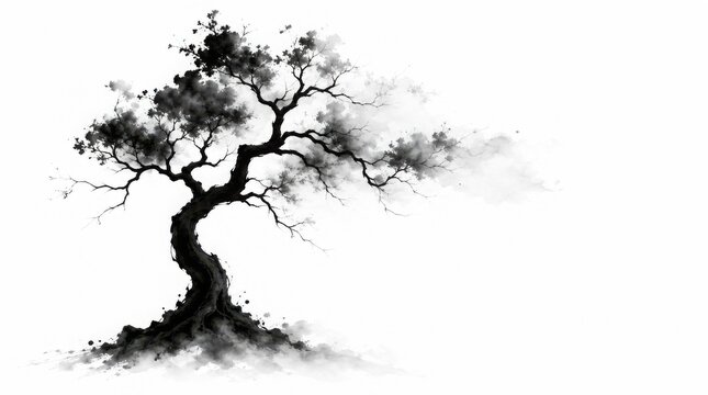 A minimalist black ink painting of a lone tree with twisted branches and sparse foliage on a white background.
