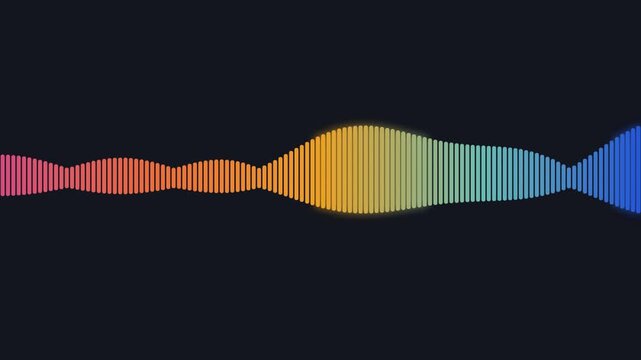 Digital audio waveform animation with vibrant gradient colors moving smoothly across a dark background video footage