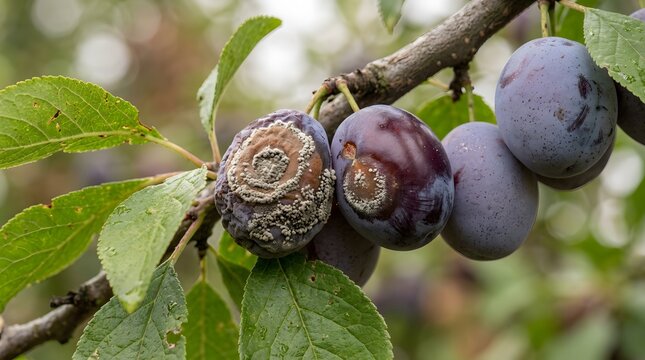 Plums showing fungal fruit rot on tree. Damaged purple fruit with Monilinia brown rot.