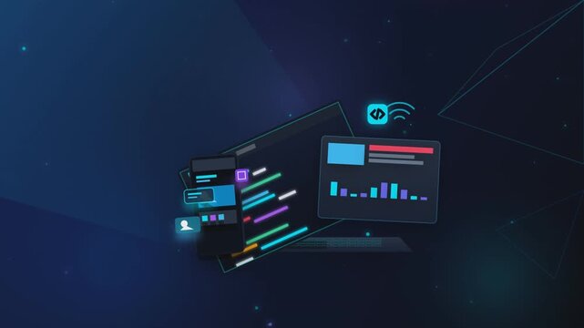 Digital software development interface displaying complex coding elements in motion for this modern tech video clip